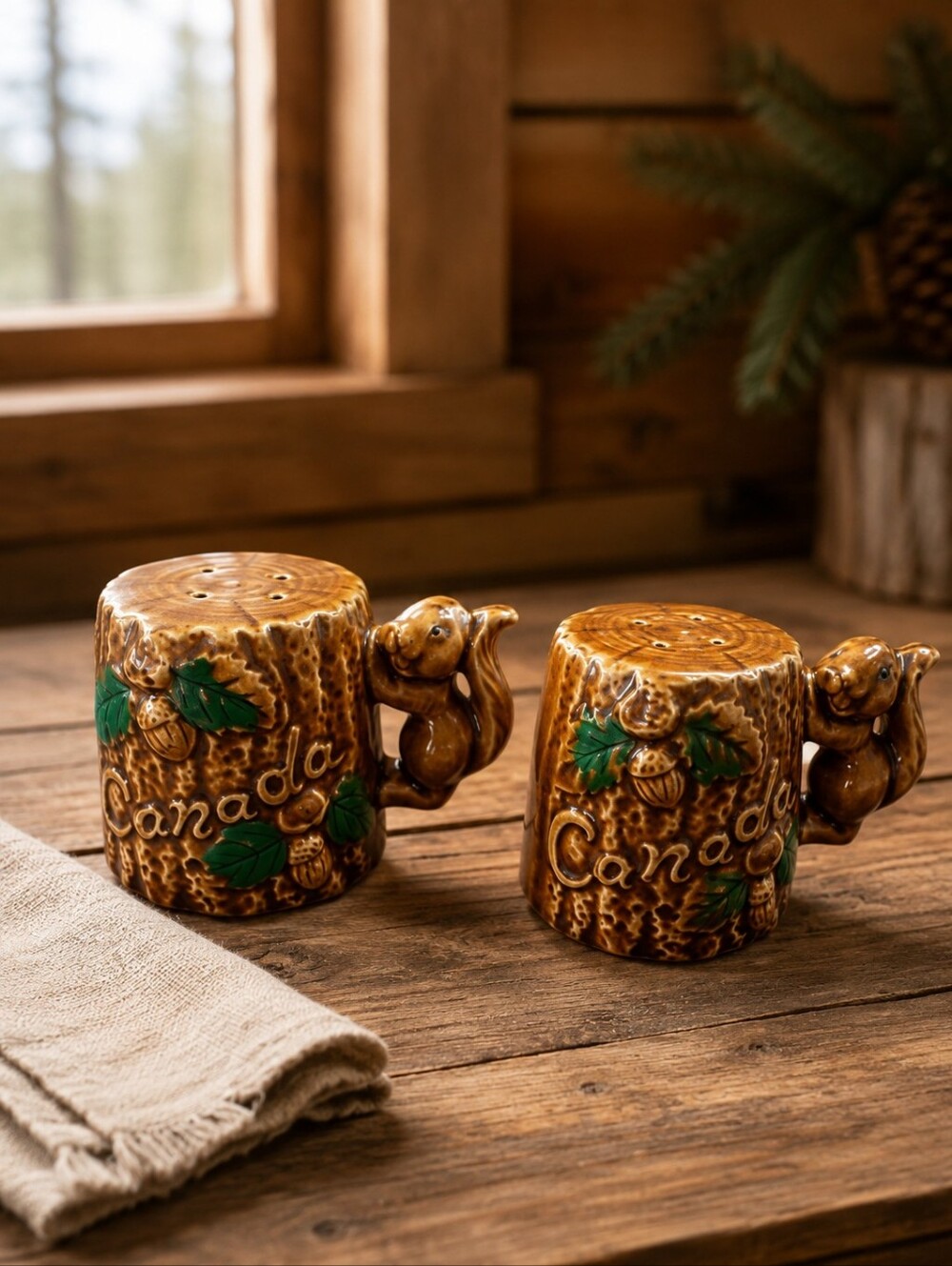Vintage Canada Squirrel Log Salt Pepper Shakers Japan Souvenir 1970s Pair